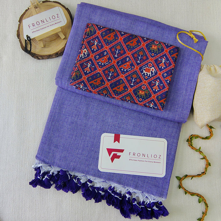 Purple Handloom Cotton Saree With Tassels & Printed Blouse-Fronlioz