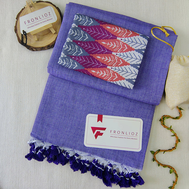 Purple Handloom Cotton Saree With Tassels & Printed Blouse-Fronlioz