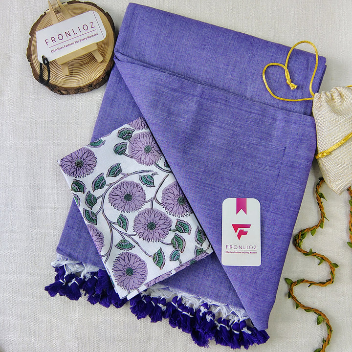 Purple Handloom Cotton Saree With Tassels & Printed Blouse-Fronlioz