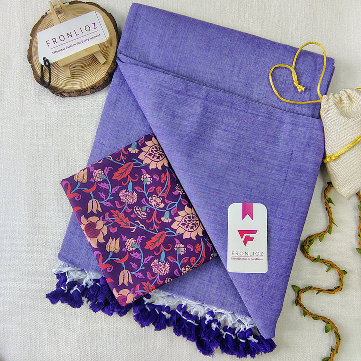 Purple Handloom Cotton Saree With Tassels & Printed Blouse-Fronlioz