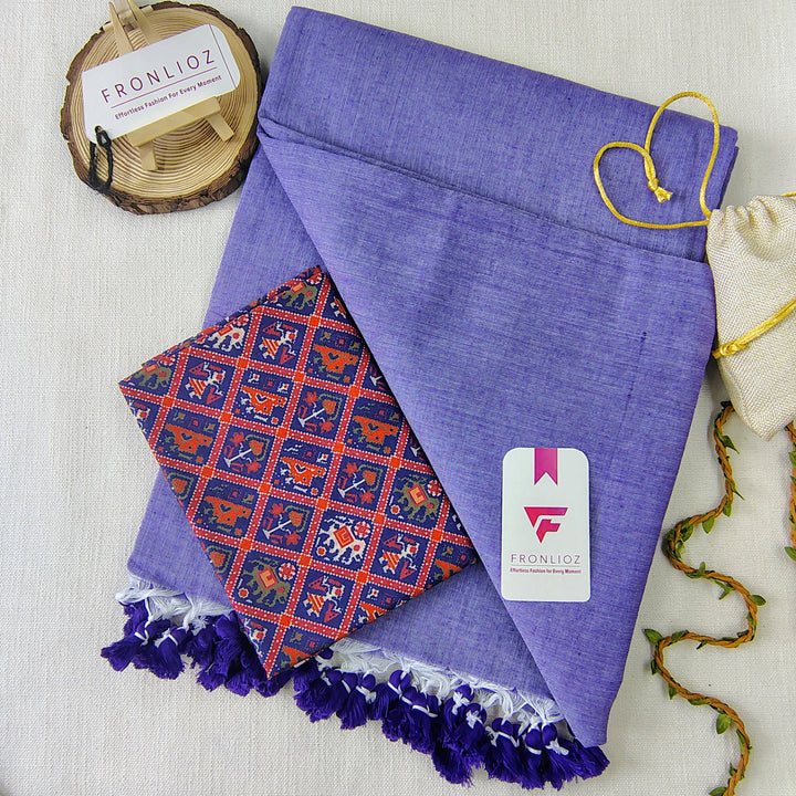 Purple Handloom Cotton Saree With Tassels & Printed Blouse-Fronlioz