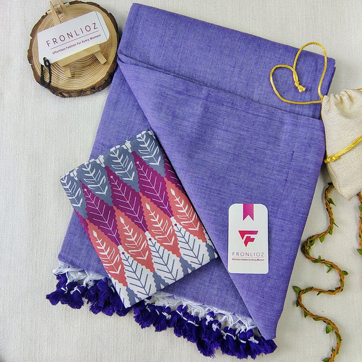 Purple Handloom Cotton Saree With Tassels & Printed Blouse-Fronlioz