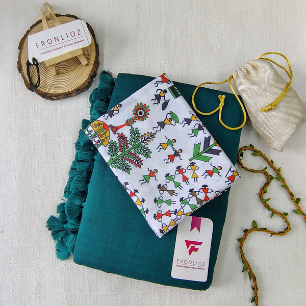 Rama Handloom Cotton Saree With Tassels & Printed Blouse-Fronlioz