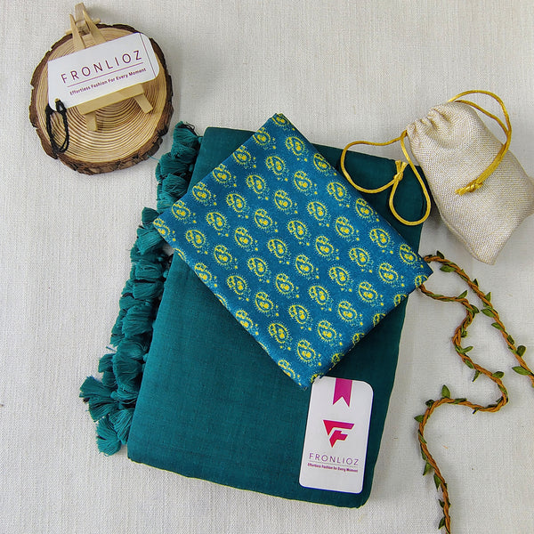 Rama Handloom Cotton Saree With Tassels & Printed Blouse-Fronlioz