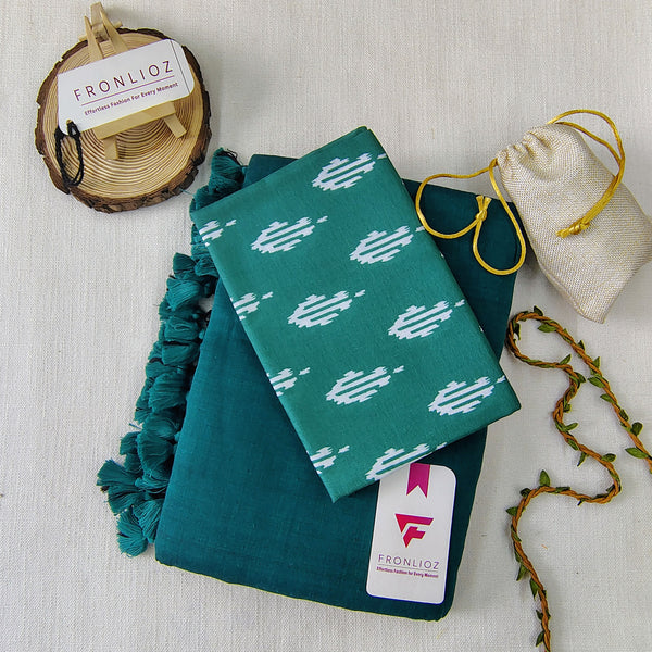 Rama Handloom Cotton Saree With Tassels & Printed Blouse-Fronlioz