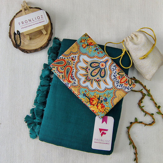 Rama Handloom Cotton Saree With Tassels & Printed Blouse-Fronlioz