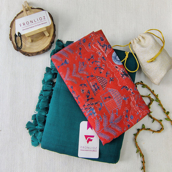 Rama Handloom Cotton Saree With Tassels & Printed Blouse-Fronlioz