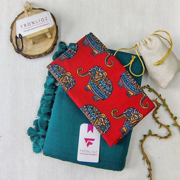 Rama Handloom Cotton Saree With Tassels & Printed Blouse-Fronlioz