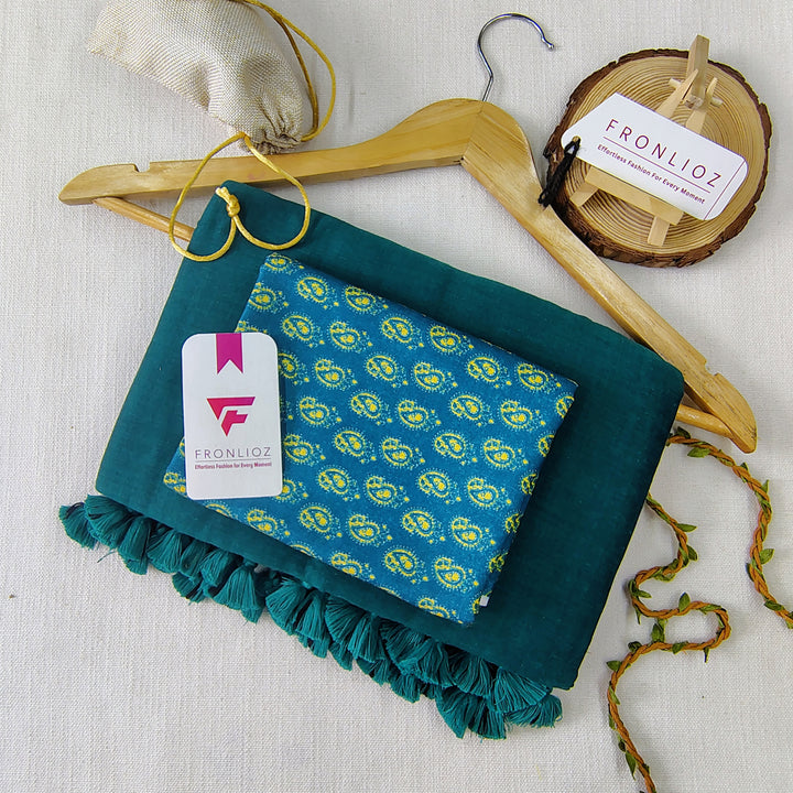 Rama Handloom Cotton Saree With Tassels & Printed Blouse-Fronlioz