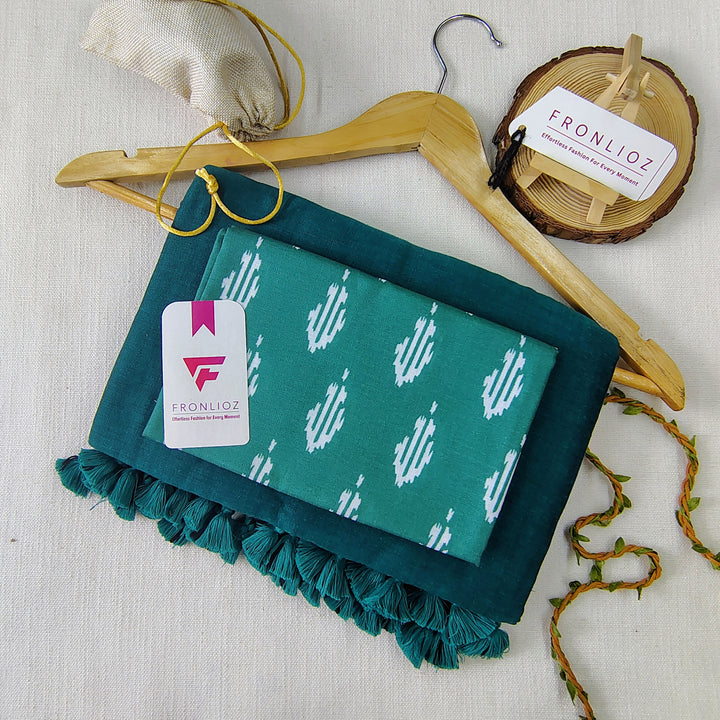 Rama Handloom Cotton Saree With Tassels & Printed Blouse-Fronlioz
