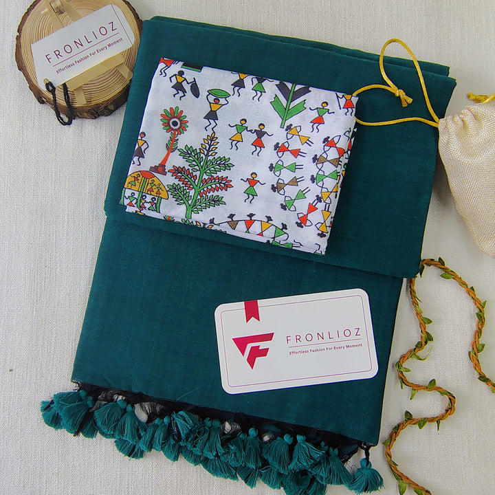 Rama Handloom Cotton Saree With Tassels & Printed Blouse-Fronlioz