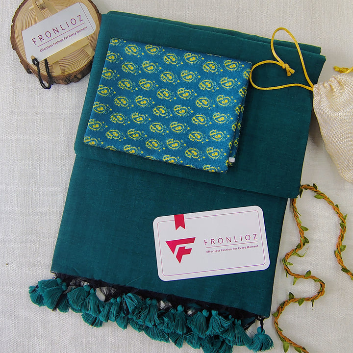 Rama Handloom Cotton Saree With Tassels & Printed Blouse-Fronlioz