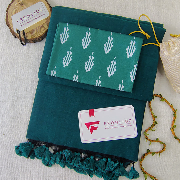 Rama Handloom Cotton Saree With Tassels & Printed Blouse-Fronlioz