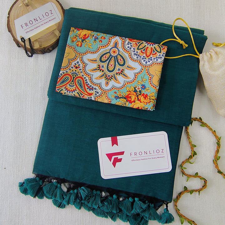 Rama Handloom Cotton Saree With Tassels & Printed Blouse-Fronlioz