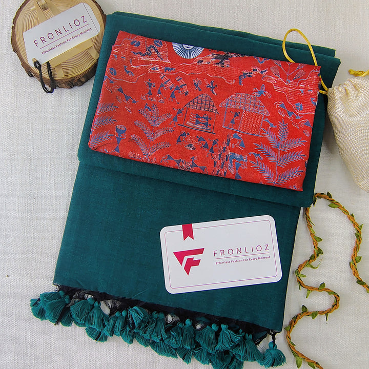 Rama Handloom Cotton Saree With Tassels & Printed Blouse-Fronlioz