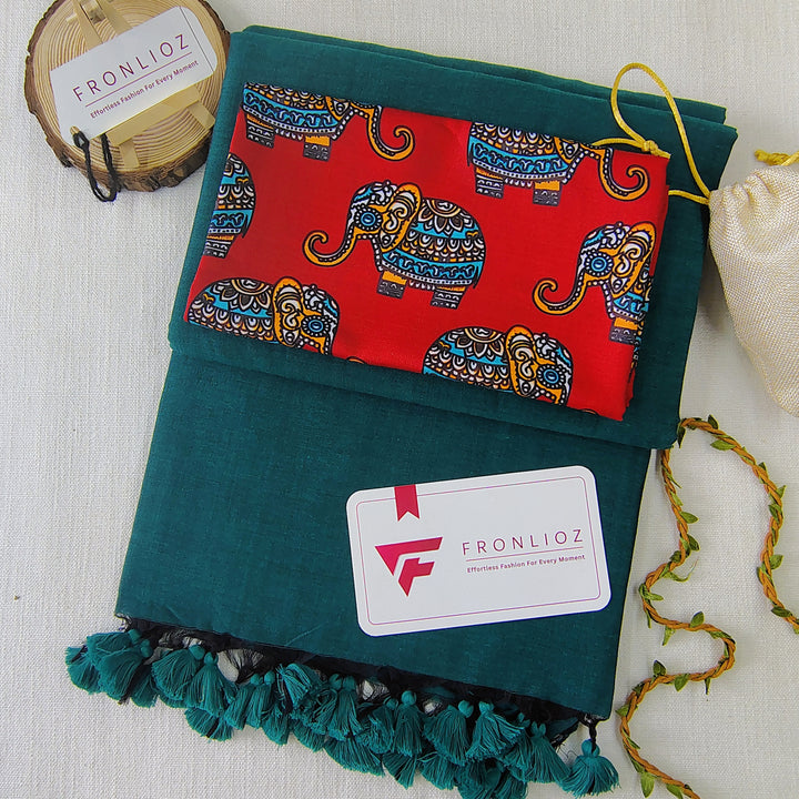 Rama Handloom Cotton Saree With Tassels & Printed Blouse-Fronlioz