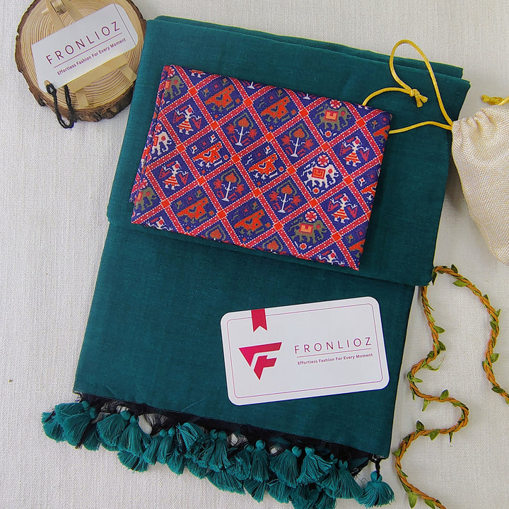 Rama Handloom Cotton Saree With Tassels & Printed Blouse-Fronlioz