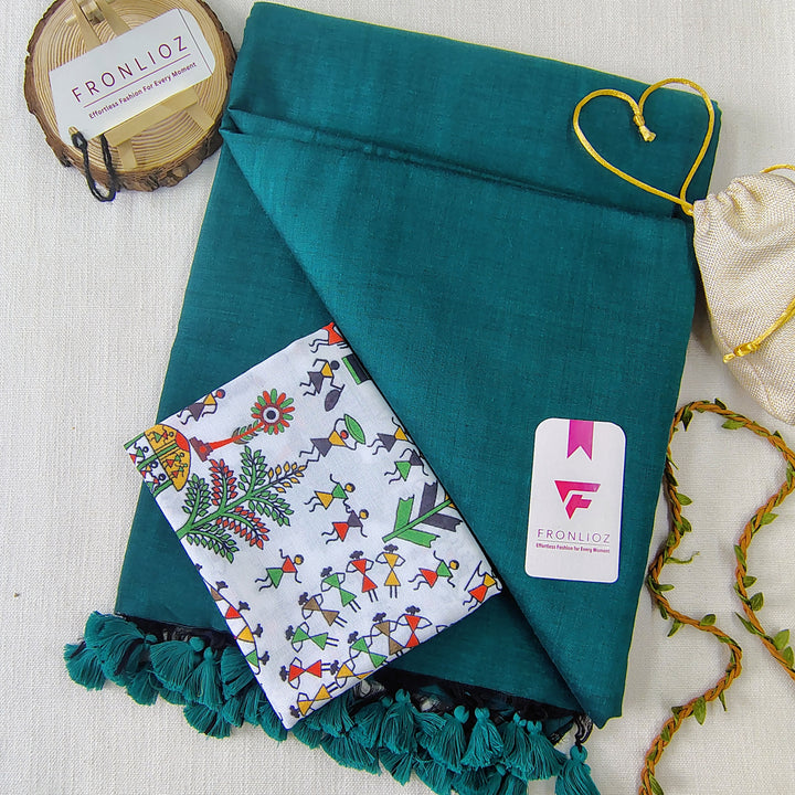 Rama Handloom Cotton Saree With Tassels & Printed Blouse-Fronlioz