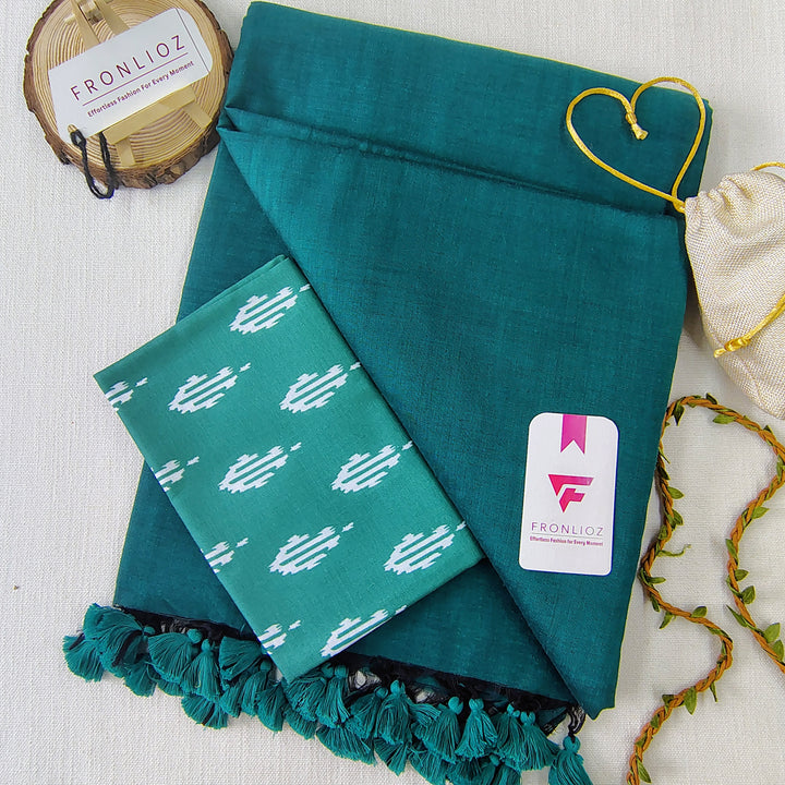 Rama Handloom Cotton Saree With Tassels & Printed Blouse-Fronlioz