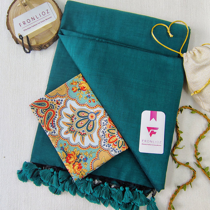 Rama Handloom Cotton Saree With Tassels & Printed Blouse-Fronlioz