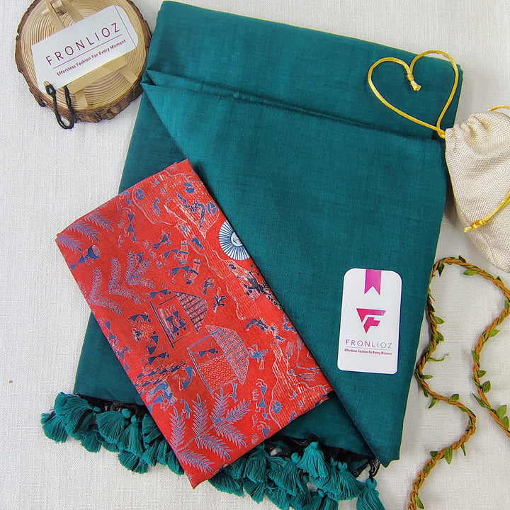 Rama Handloom Cotton Saree With Tassels & Printed Blouse-Fronlioz