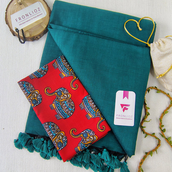 Rama Handloom Cotton Saree With Tassels & Printed Blouse-Fronlioz