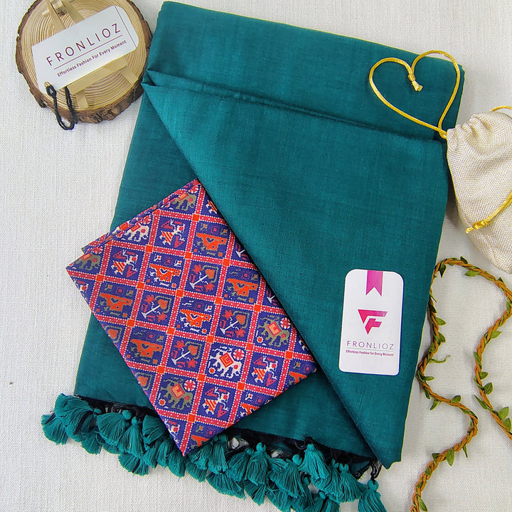 Rama Handloom Cotton Saree With Tassels & Printed Blouse-Fronlioz