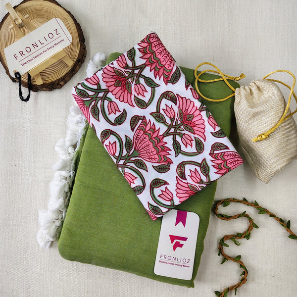 Olive Handloom Cotton Saree With Tassels & Printed Blouse-Fronlioz