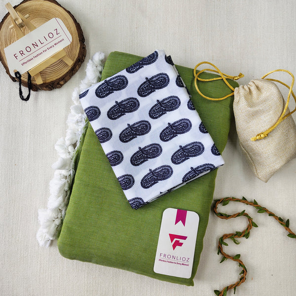 Olive Handloom Cotton Saree With Tassels & Printed Blouse-Fronlioz