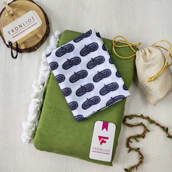 Olive Handloom Cotton Saree With Tassels & Printed Blouse-Fronlioz