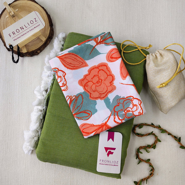 Olive Handloom Cotton Saree With Tassels & Printed Blouse-Fronlioz