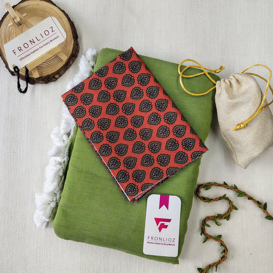 Olive Handloom Cotton Saree With Tassels & Printed Blouse-Fronlioz