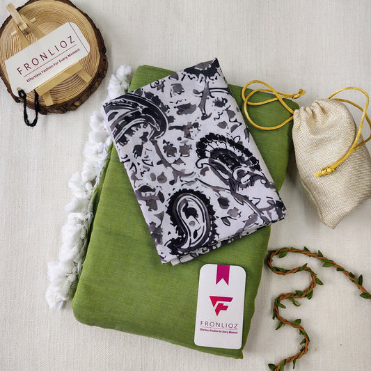 Olive Handloom Cotton Saree With Tassels & Printed Blouse-Fronlioz
