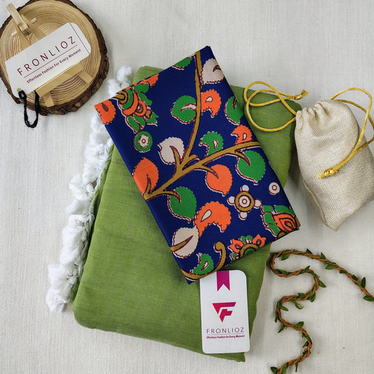 Olive Handloom Cotton Saree With Tassels & Printed Blouse-Fronlioz