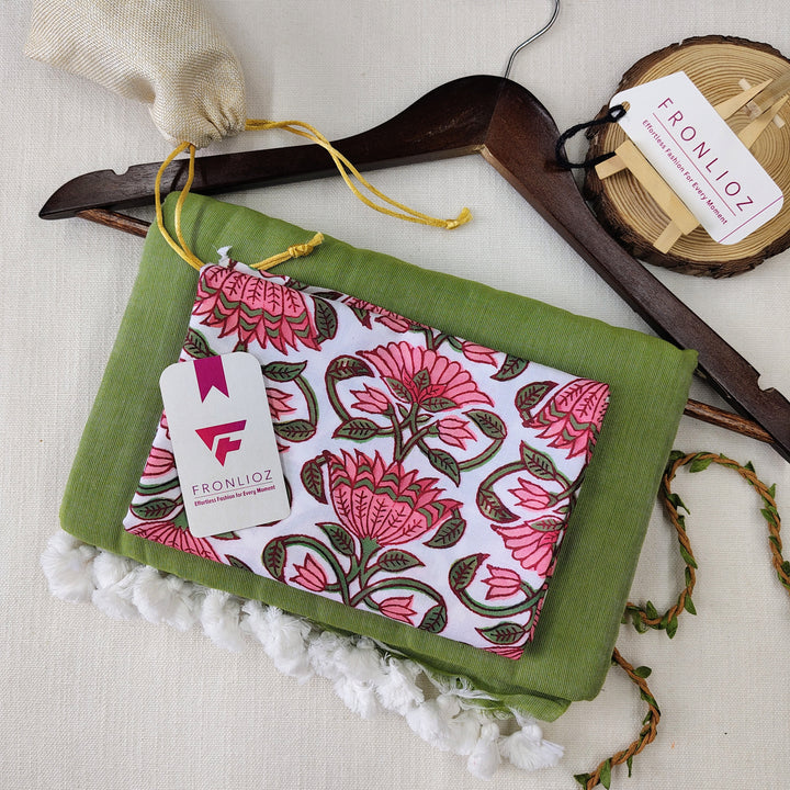 Olive Handloom Cotton Saree With Tassels & Printed Blouse-Fronlioz