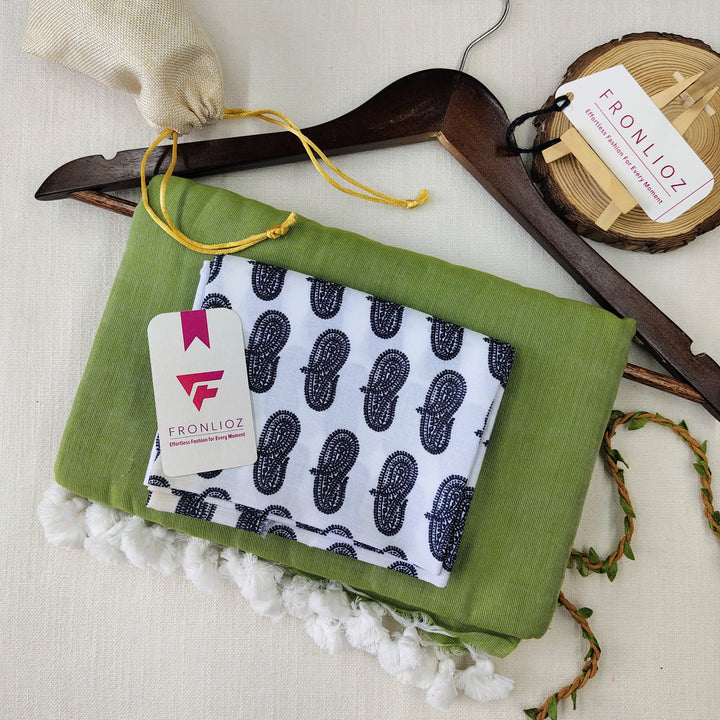 Olive Handloom Cotton Saree With Tassels & Printed Blouse-Fronlioz