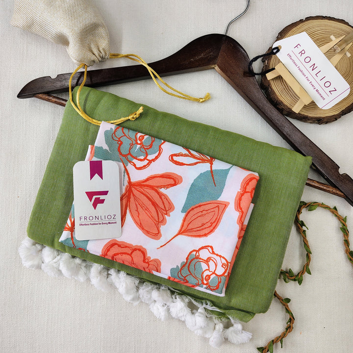 Olive Handloom Cotton Saree With Tassels & Printed Blouse-Fronlioz