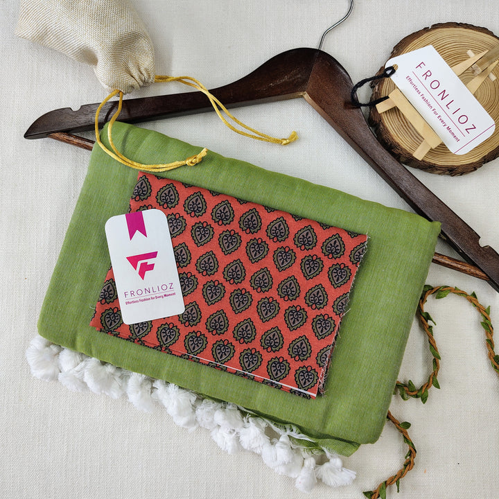 Olive Handloom Cotton Saree With Tassels & Printed Blouse-Fronlioz