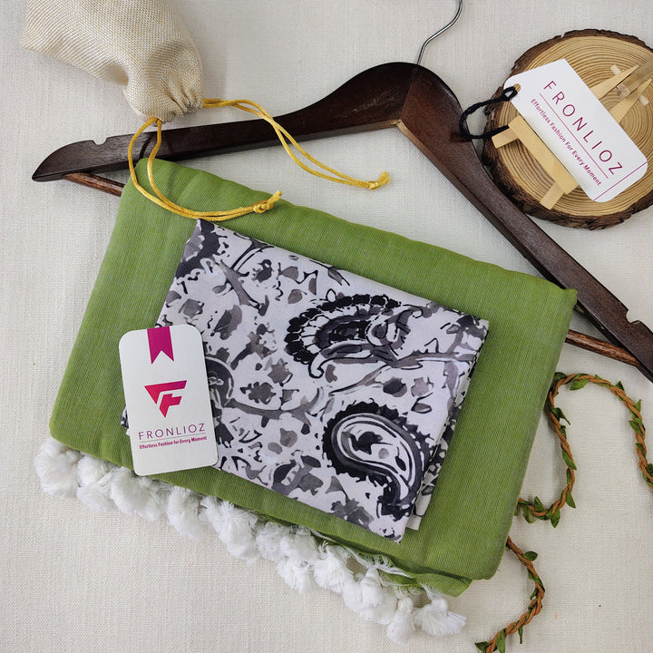 Olive Handloom Cotton Saree With Tassels & Printed Blouse-Fronlioz