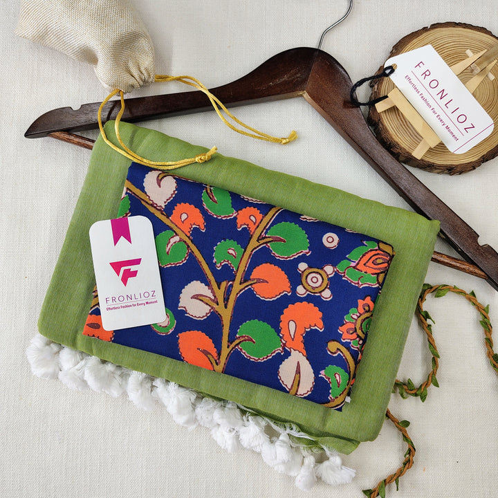 Olive Handloom Cotton Saree With Tassels & Printed Blouse-Fronlioz