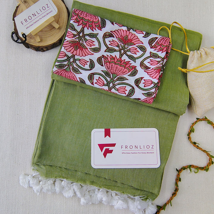 Olive Handloom Cotton Saree With Tassels & Printed Blouse-Fronlioz
