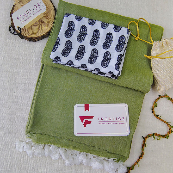 Olive Handloom Cotton Saree With Tassels & Printed Blouse-Fronlioz