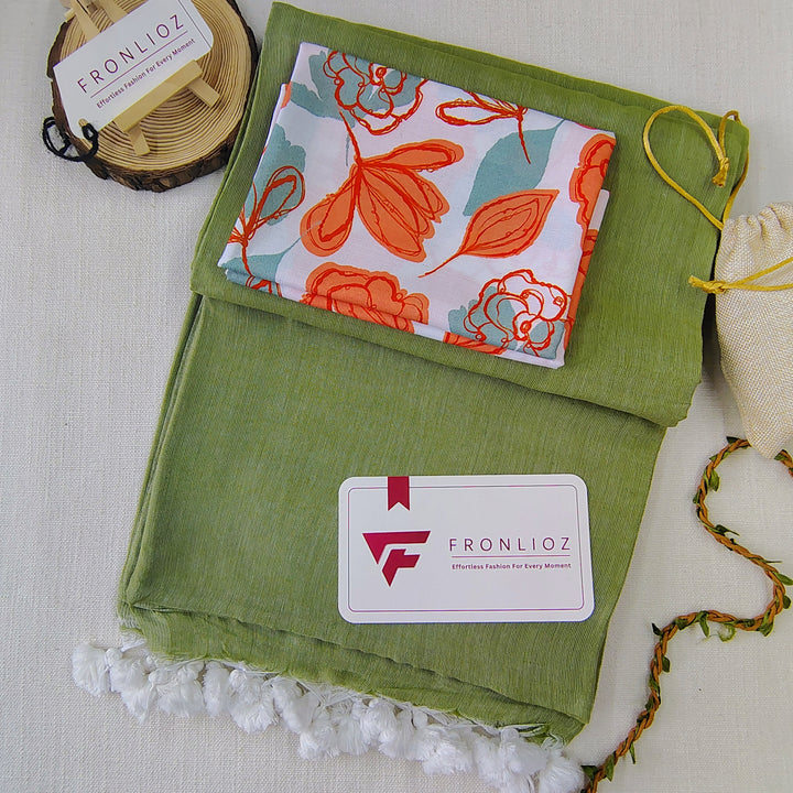 Olive Handloom Cotton Saree With Tassels & Printed Blouse-Fronlioz