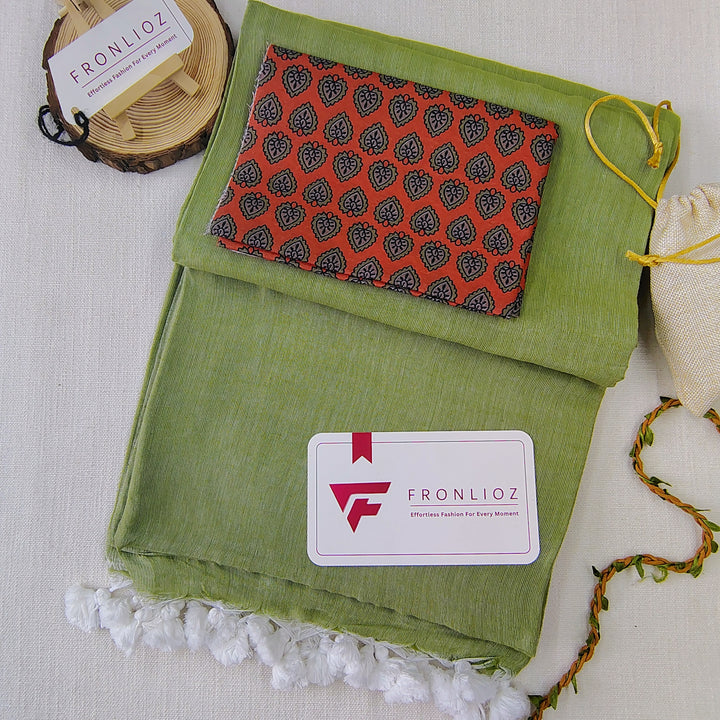 Olive Handloom Cotton Saree With Tassels & Printed Blouse-Fronlioz