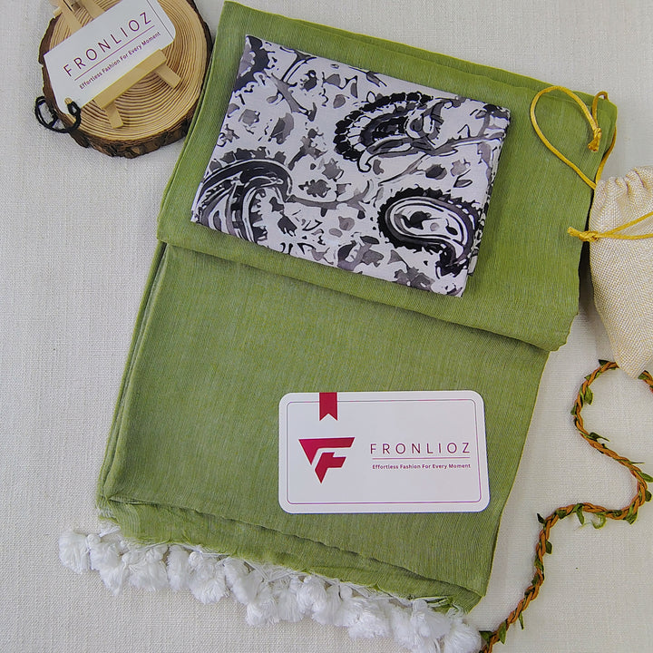 Olive Handloom Cotton Saree With Tassels & Printed Blouse-Fronlioz