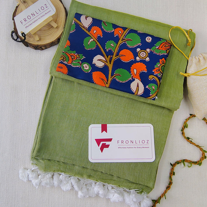 Olive Handloom Cotton Saree With Tassels & Printed Blouse-Fronlioz
