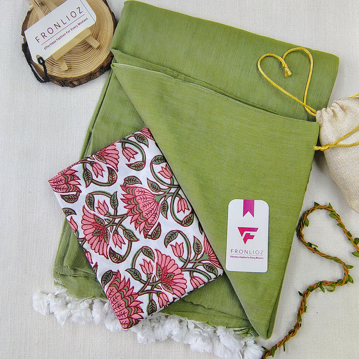 Olive Handloom Cotton Saree With Tassels & Printed Blouse-Fronlioz