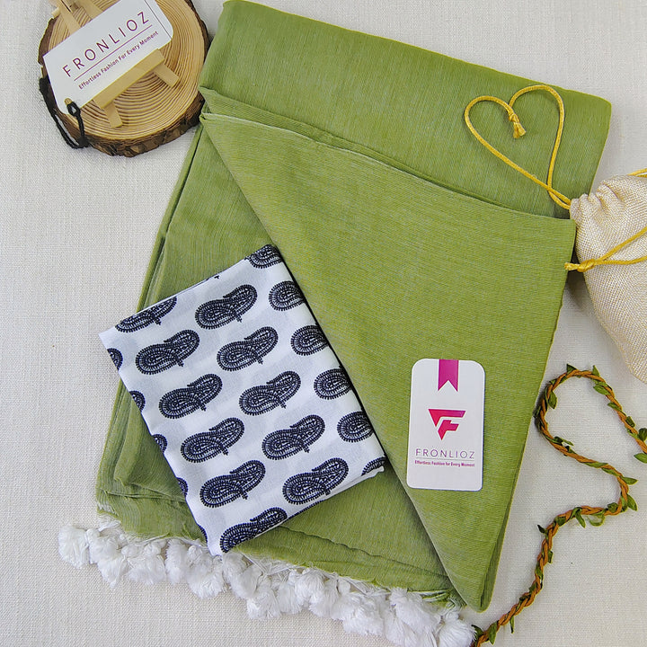 Olive Handloom Cotton Saree With Tassels & Printed Blouse-Fronlioz