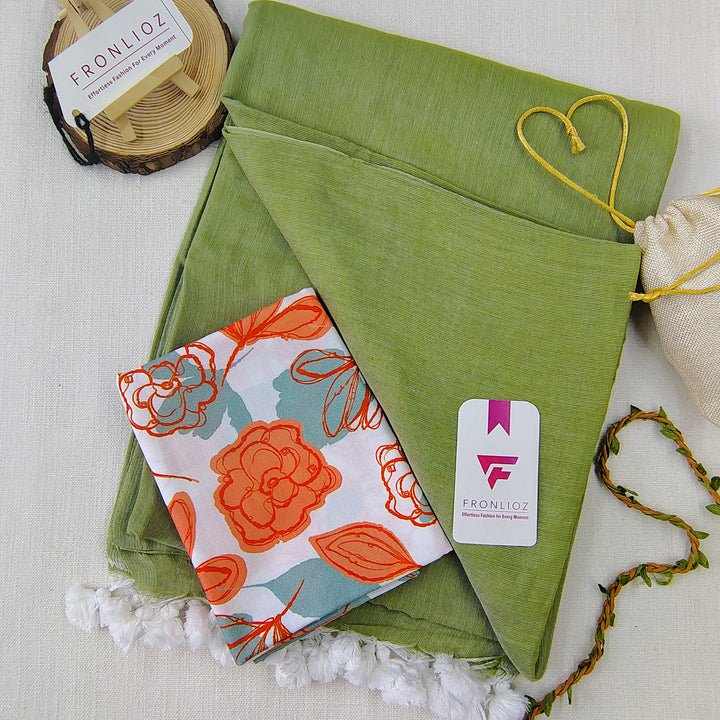 Olive Handloom Cotton Saree With Tassels & Printed Blouse-Fronlioz
