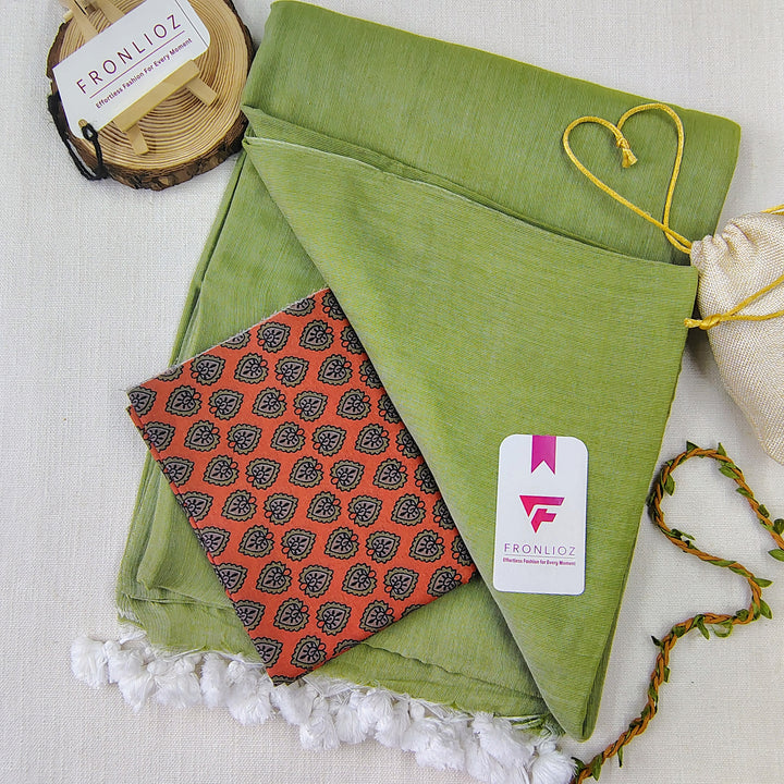 Olive Handloom Cotton Saree With Tassels & Printed Blouse-Fronlioz